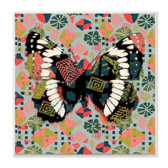 Stupell Industries Butterfly On Pink Blue Pattern Abstract Design,12" x 12"